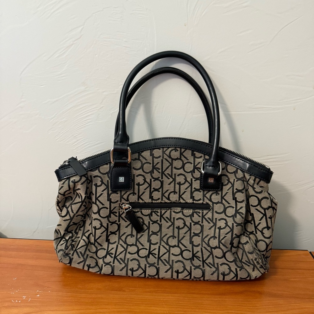 Calvin Klein Monogram Shoulder Bag Tan Black Satchel Purse Leather Detail